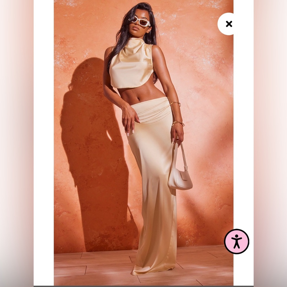 Butter Cream Satin Mid Rise Maxi Skirt + Satin Tie Side High Neck Cowl Crop Top
